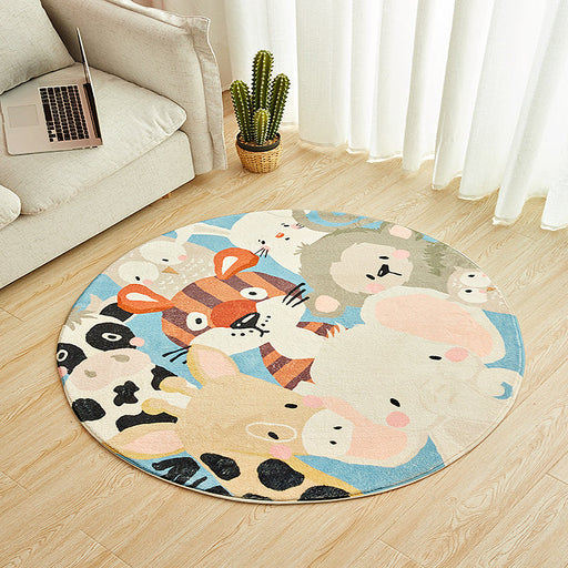 Kids Cartoon Animals Pattern Rug Blue Multicolor Polyester Rug Washable Anti-Slip Backing Area Rug for Room Decoration