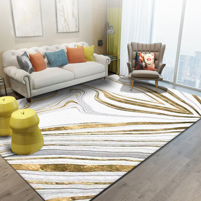 Modern Living Room Rug in White and Gold Abstract Swirl Line Print Rug Polyester Machine Washable Area Rug