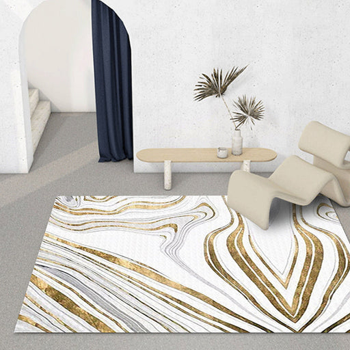 Modern Living Room Rug in White and Gold Abstract Swirl Line Print Rug Polyester Machine Washable Area Rug