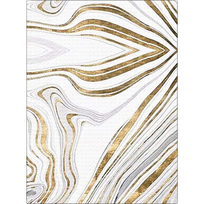 Modern Living Room Rug in White and Gold Abstract Swirl Line Print Rug Polyester Machine Washable Area Rug