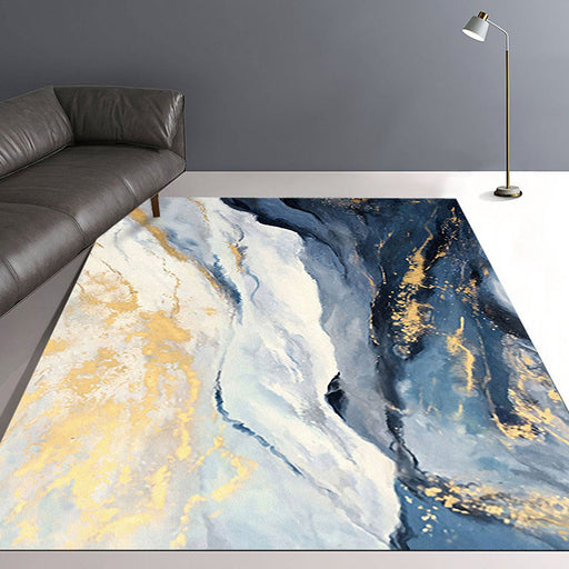 Blue and Gold Bedroom Rug Modern Abstract Cloud Pattern Area Rug Polyester Anti-Slip Washable Carpet