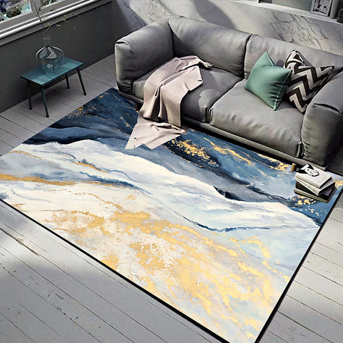 Blue and Gold Bedroom Rug Modern Abstract Cloud Pattern Area Rug Polyester Anti-Slip Washable Carpet