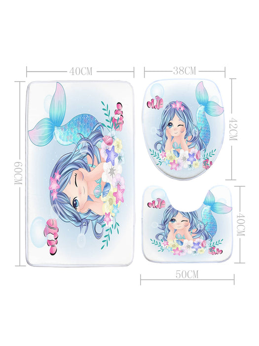 4pc Mermaid Print Bath Mat AndShower Curtain