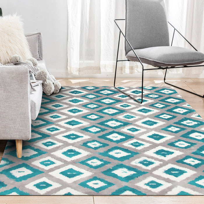 Blue and Grey Bedroom Rug Novelty Geometric Diamond Pattern Area Rug Polyester Pet Friendly Carpet