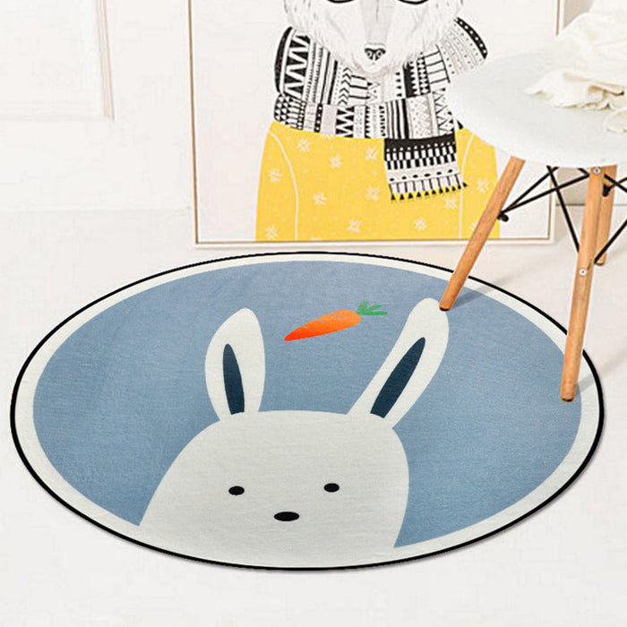 Blue and Ivory Child's Room Rug Kids Animal Bunny Owl Elephant Penguin Pattern Area Rug Polyester Washable Carpet