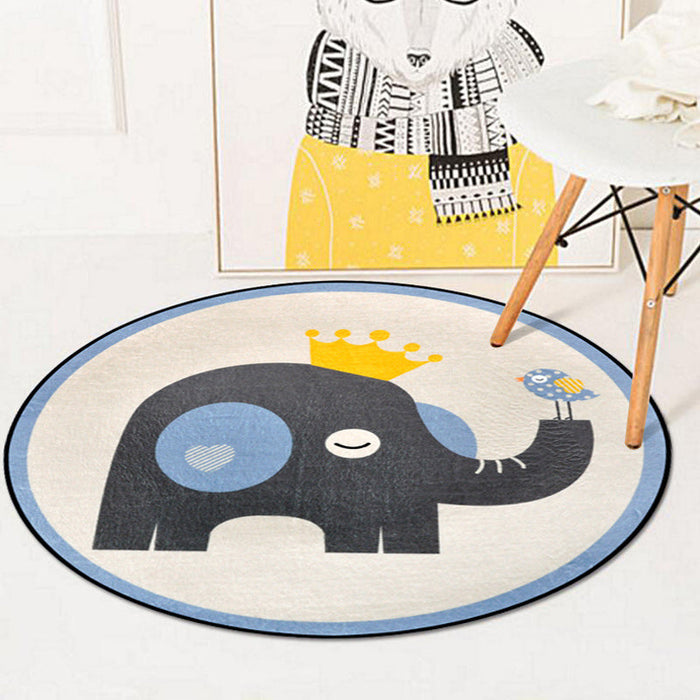 Blue and Ivory Child's Room Rug Kids Animal Bunny Owl Elephant Penguin Pattern Area Rug Polyester Washable Carpet