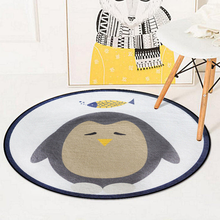 Blue and Ivory Child's Room Rug Kids Animal Bunny Owl Elephant Penguin Pattern Area Rug Polyester Washable Carpet