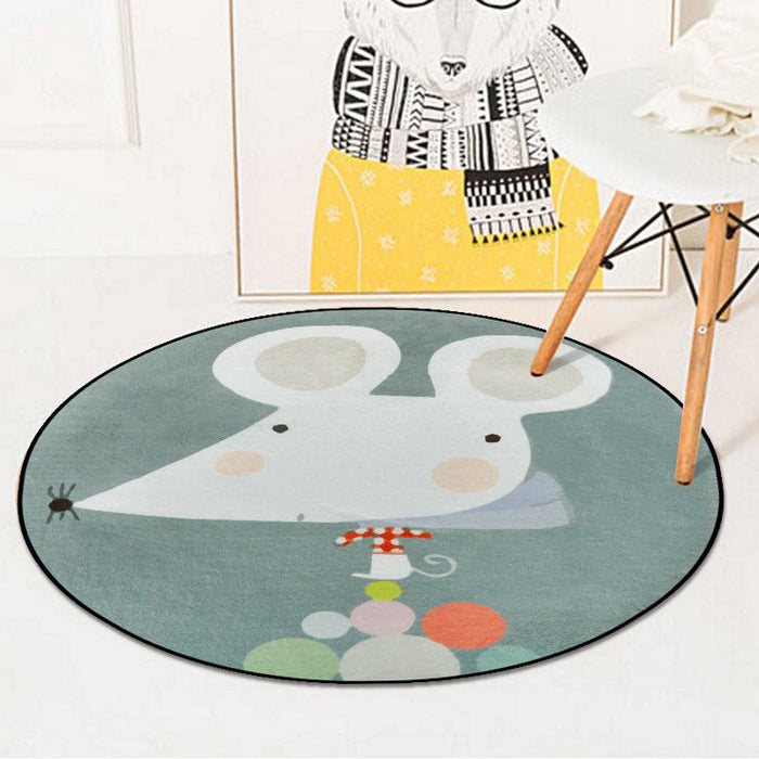 Kids Nursery Rug in Pink and Blue Animal Mouse Lion Mermaid Whale Print Rug Polyester Machine Washable Area Rug