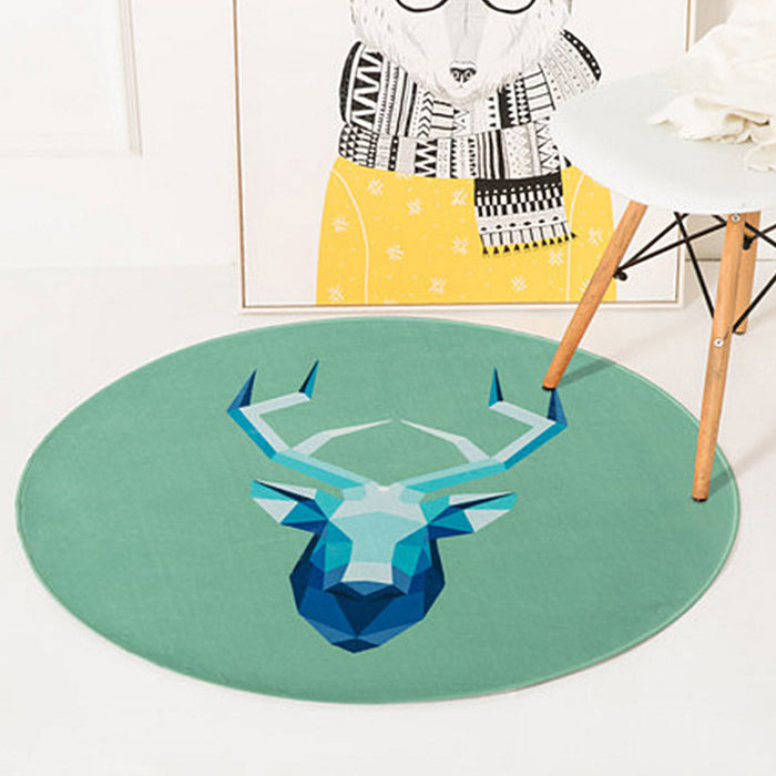 Green and Yellow Child's Room Rug Kids Animal Deer Bear Wolf Cat Pattern Area Rug Polyester Anti-Slip Backing Carpet