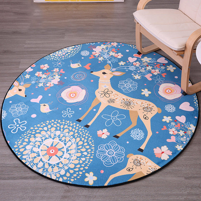 Kids Nursery Rug in Blue Animal Deer Floral Print Rug Polyester Stain-Resistant Area Rug