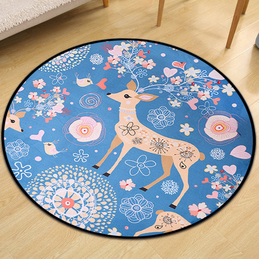 Kids Nursery Rug in Blue Animal Deer Floral Print Rug Polyester Stain-Resistant Area Rug