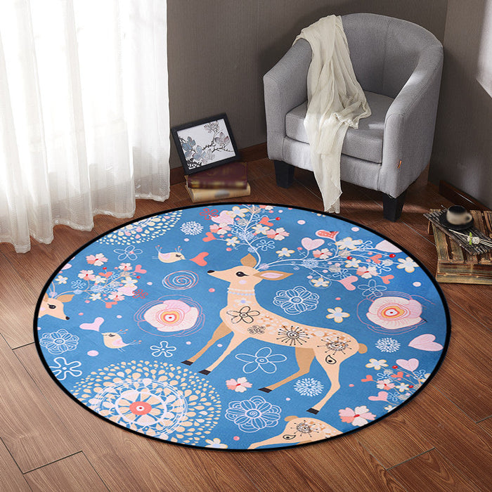 Kids Nursery Rug in Blue Animal Deer Floral Print Rug Polyester Stain-Resistant Area Rug