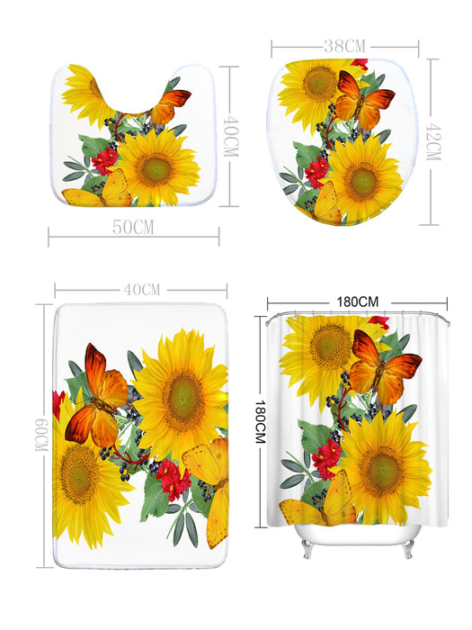 4pc Sunflower Print Bath Mat And Shower Curtain