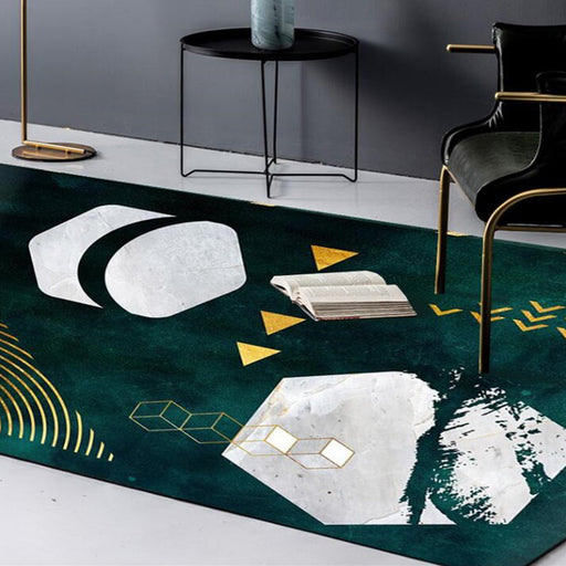 Novelty Geometric Print Rug Dark Green Polyester Rug Machine Washable Non-Slip Area Rug for Bedroom