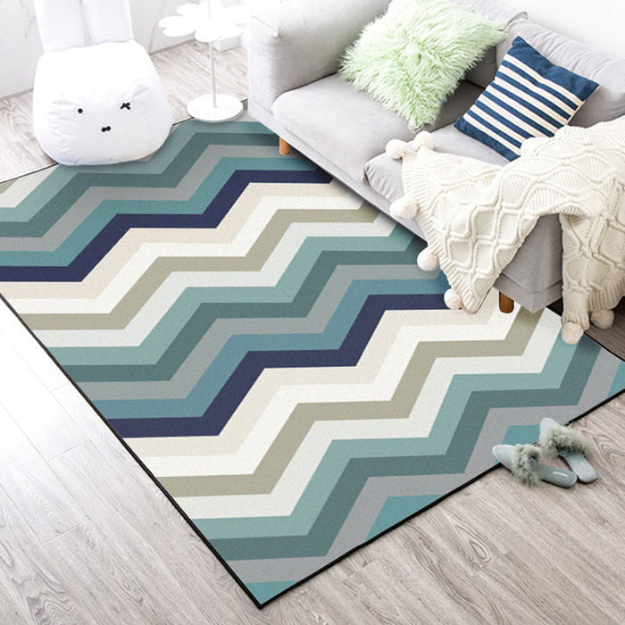 Blue Bedroom Rug Novelty Geometric Wave Pattern Area Rug Polyester Stain-Resistant Carpet