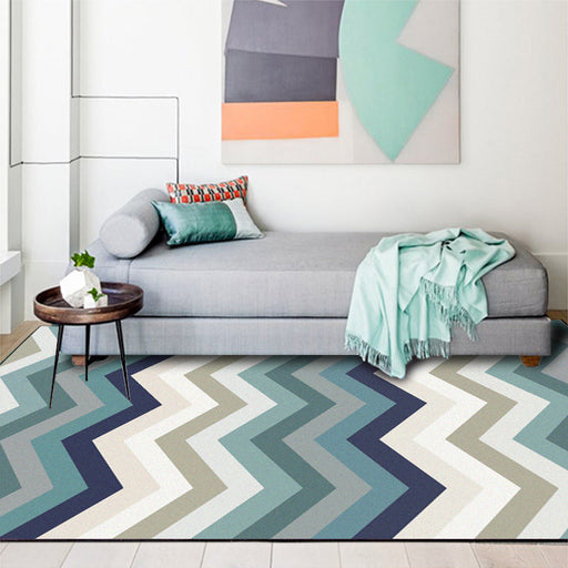 Blue Bedroom Rug Novelty Geometric Wave Pattern Area Rug Polyester Stain-Resistant Carpet