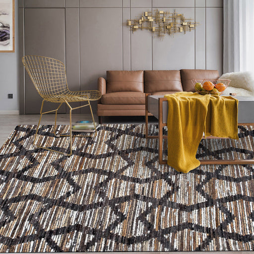 Brown Bedroom Rug Novelty Geometry Stripe Wave Pattern Area Rug Polyester Anti-Slip Backing Carpet