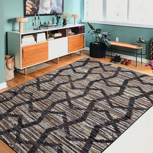 Brown Bedroom Rug Novelty Geometry Stripe Wave Pattern Area Rug Polyester Anti-Slip Backing Carpet