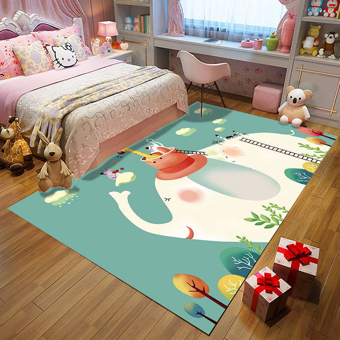 Kids Bedroom Rug in Green Animal Elephant Tree Cloud Print Rug Polyester Machine Washable Area Rug