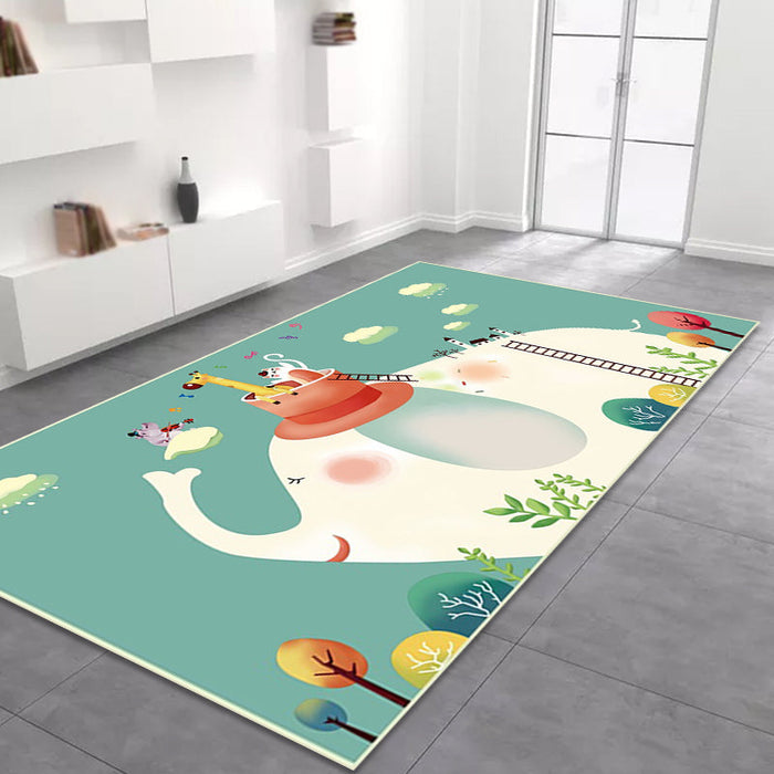 Kids Bedroom Rug in Green Animal Elephant Tree Cloud Print Rug Polyester Machine Washable Area Rug