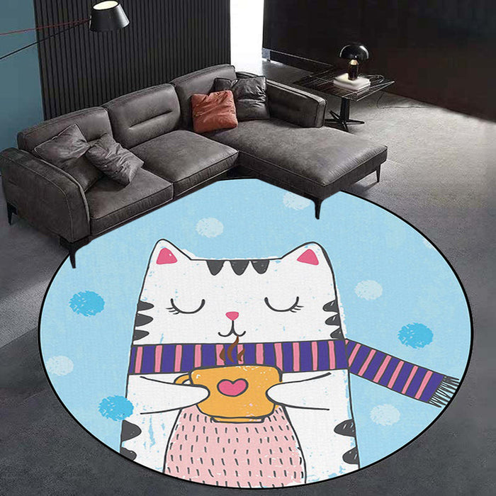 White and Blue Child's Room Rug Kids Animal Cat Dots Pattern Area Rug Polyester Pet Friendly Carpet