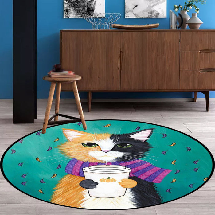 Blue and Green Child's Room Rug Kids Animal Dressed Cat Leaf Pattern Area Rug Polyester Washable Carpet