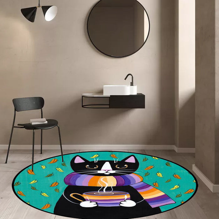 Blue and Green Child's Room Rug Kids Animal Dressed Cat Leaf Pattern Area Rug Polyester Washable Carpet