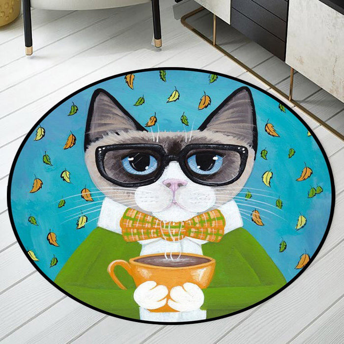 Blue and Green Child's Room Rug Kids Animal Dressed Cat Leaf Pattern Area Rug Polyester Washable Carpet