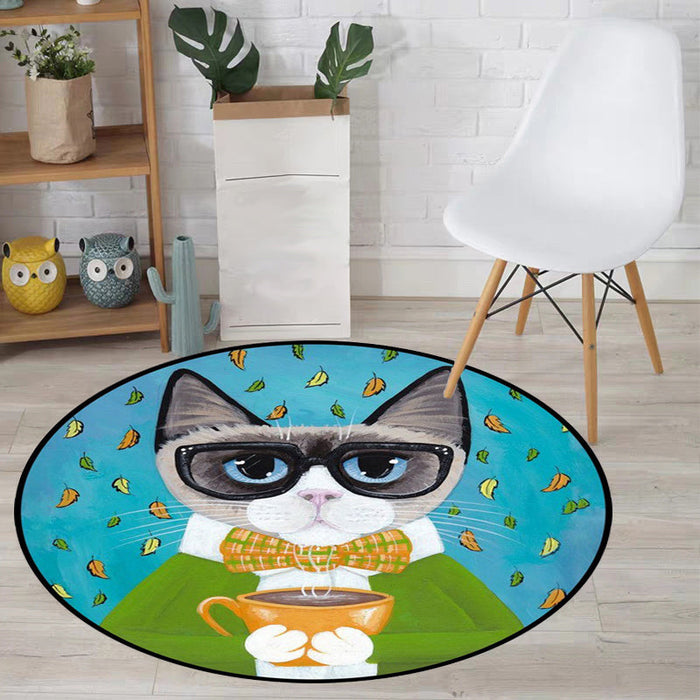 Blue and Green Child's Room Rug Kids Animal Dressed Cat Leaf Pattern Area Rug Polyester Washable Carpet