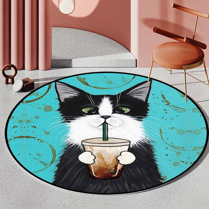 Blue and Green Child's Room Rug Kids Animal Dressed Cat Leaf Pattern Area Rug Polyester Washable Carpet