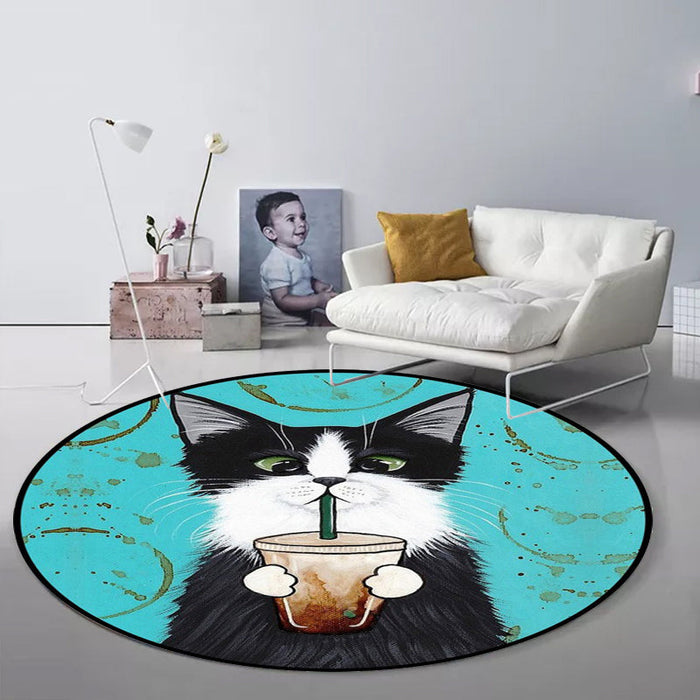 Blue and Green Child's Room Rug Kids Animal Dressed Cat Leaf Pattern Area Rug Polyester Washable Carpet