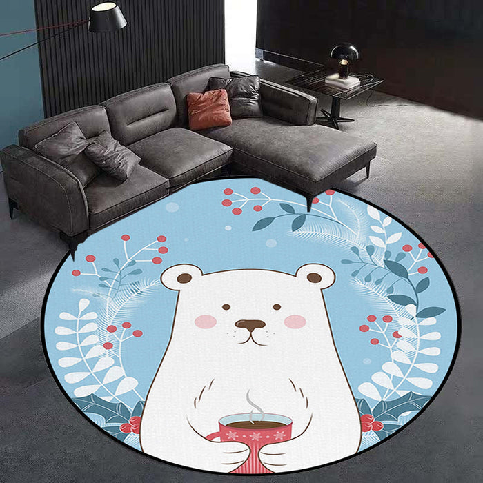 Kids Bedroom Rug in Blue Animal Bear Leaf Drink Print Rug Polyester Anti-Slip Backing Area Rug