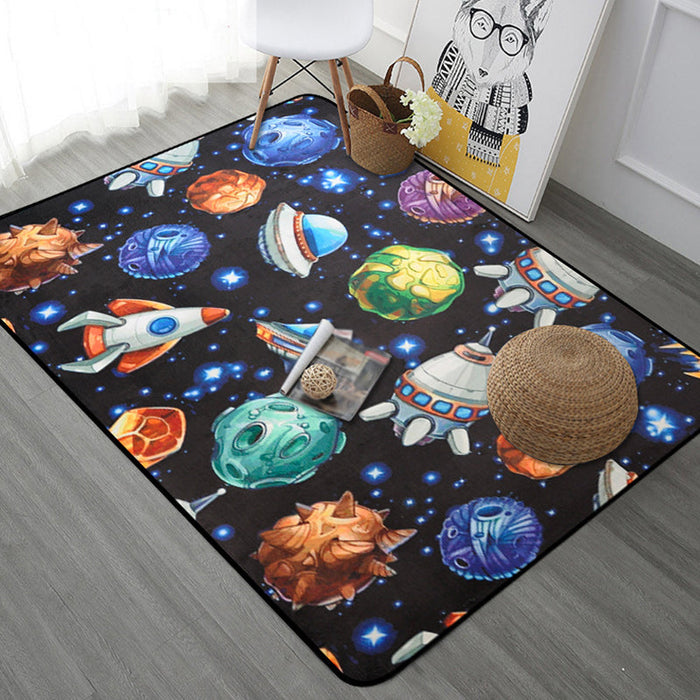 Kids Child's Room Rug in Blue and Black Outer Space Spaceship Planet Print Rug Polyester Machine Washable Area Rug