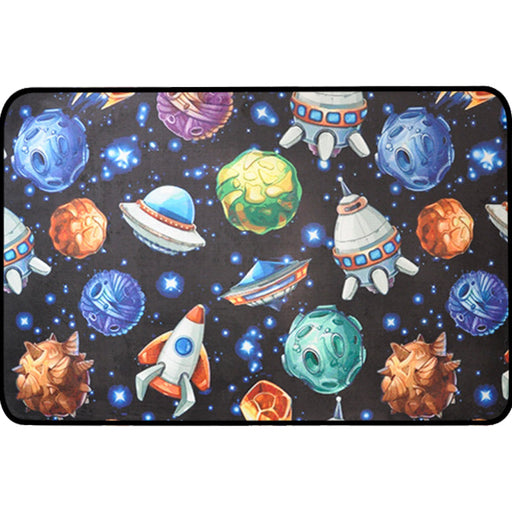 Kids Child's Room Rug in Blue and Black Outer Space Spaceship Planet Print Rug Polyester Machine Washable Area Rug