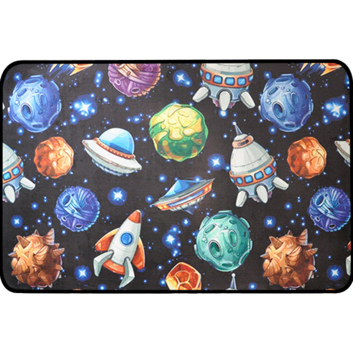 Kids Child's Room Rug in Blue and Black Outer Space Spaceship Planet Print Rug Polyester Machine Washable Area Rug