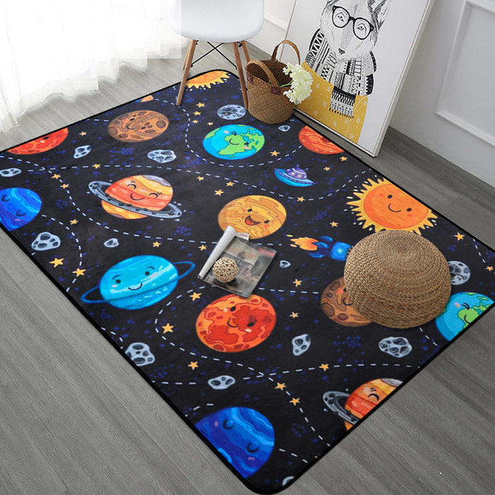 Kids Child's Room Rug in Blue and Black Outer Space Spaceship Planet Print Rug Polyester Machine Washable Area Rug