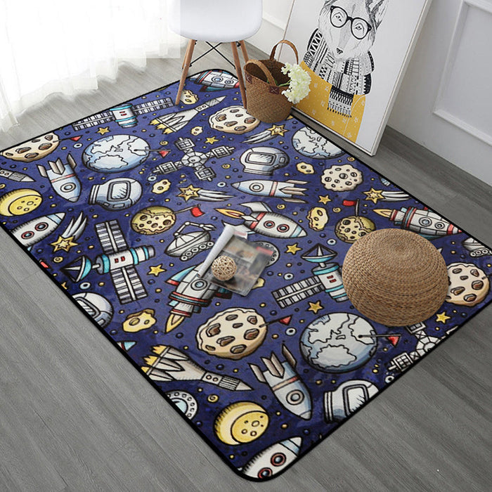 Kids Child's Room Rug in Blue and Black Outer Space Spaceship Planet Print Rug Polyester Machine Washable Area Rug