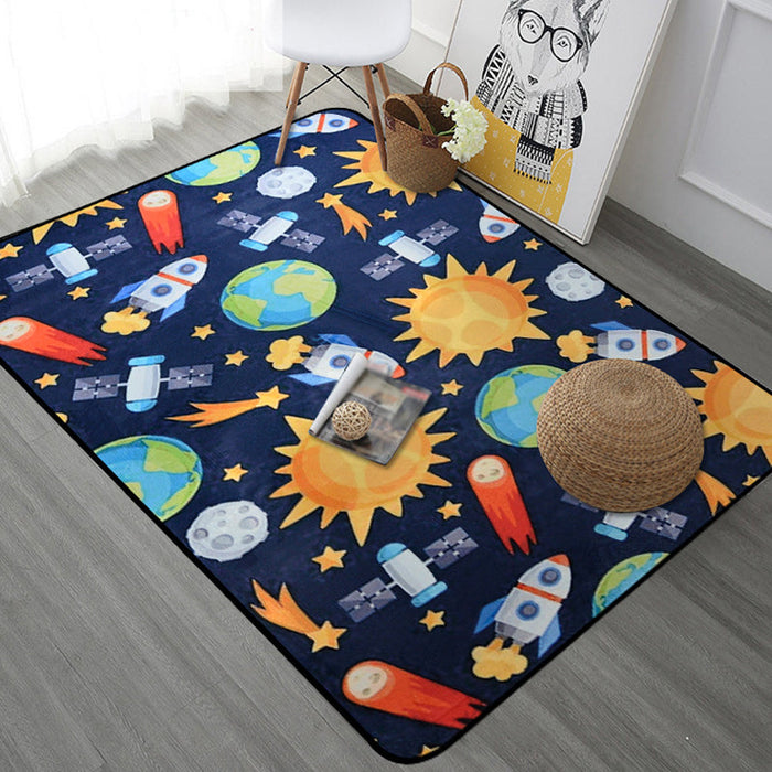 Kids Child's Room Rug in Blue and Black Outer Space Spaceship Planet Print Rug Polyester Machine Washable Area Rug