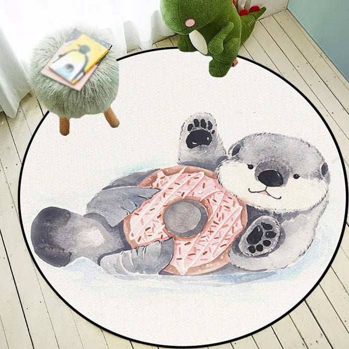 Kids Bedroom Rug in White Animal Fox Koala Alpaca Print Rug Polyester Pet Friendly Washable Area Rug