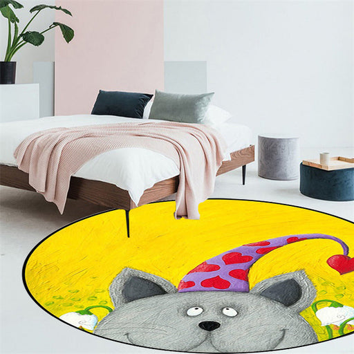 Kids Bedroom Rug in Green and Yellow Animal Cat Heart Star Print Rug Polyester Stain-Resistant Area Rug