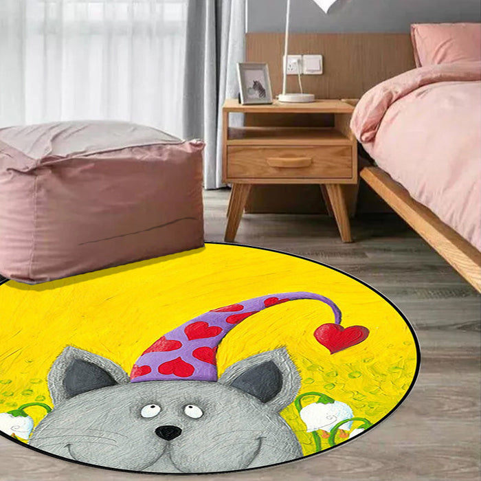 Kids Bedroom Rug in Green and Yellow Animal Cat Heart Star Print Rug Polyester Stain-Resistant Area Rug