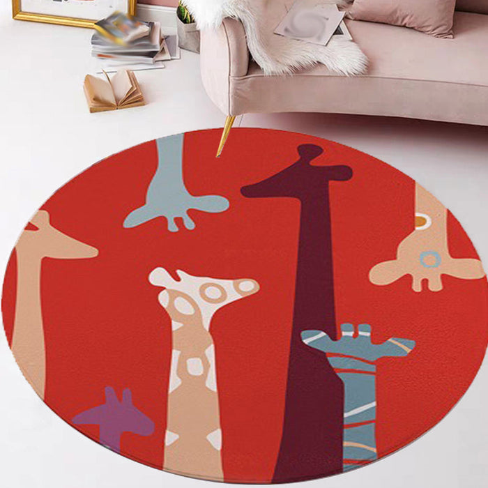 Red and Yellow Child's Room Rug Kids Animal Cat Bear Giraffe Pattern Area Rug Polyester Pet Friendly Washable Carpet