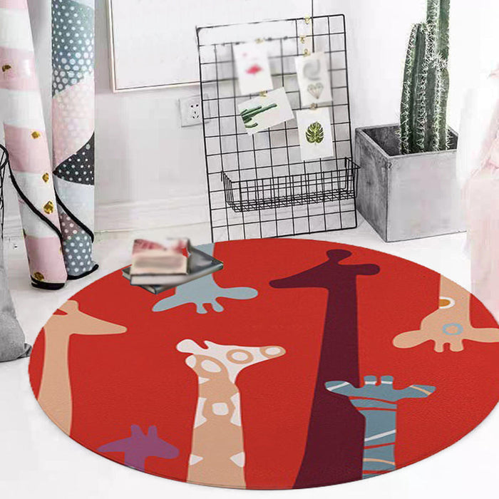 Red and Yellow Child's Room Rug Kids Animal Cat Bear Giraffe Pattern Area Rug Polyester Pet Friendly Washable Carpet