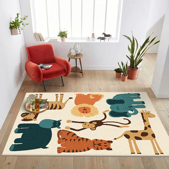 Kids Bedroom Rug in Yellow Animal Elephant Tiger Lion Print Rug Polyester Pet Friendly Area Rug