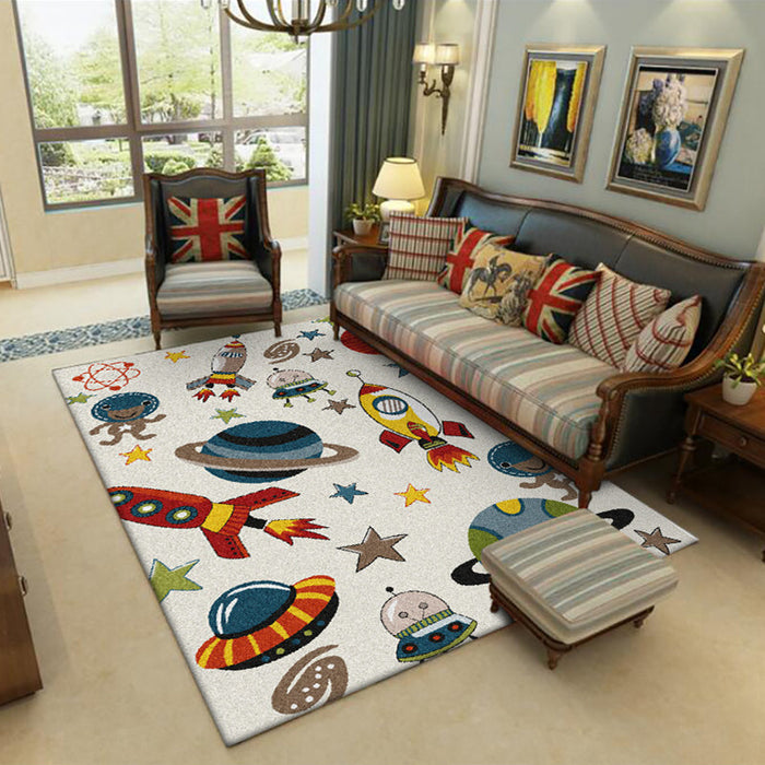 Ivory Child's Room Rug Kids Outer Space Planet Star Rocket Pattern Area Rug Polyester Pet Friendly Carpet