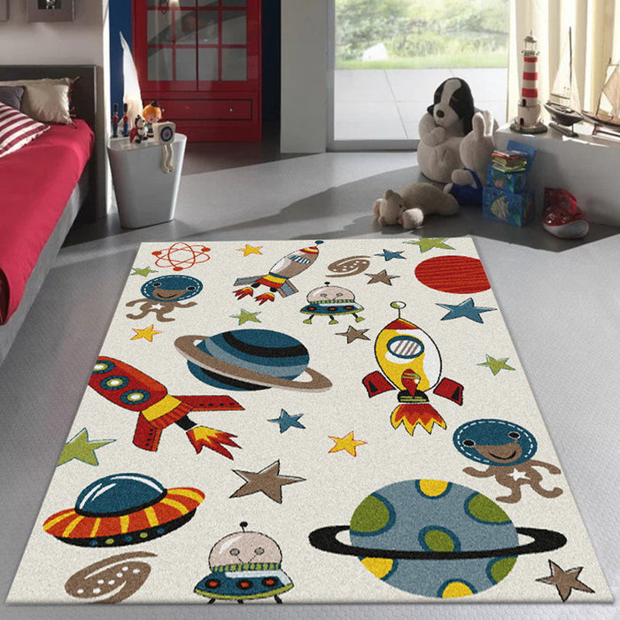 Ivory Child's Room Rug Kids Outer Space Planet Star Rocket Pattern Area Rug Polyester Pet Friendly Carpet