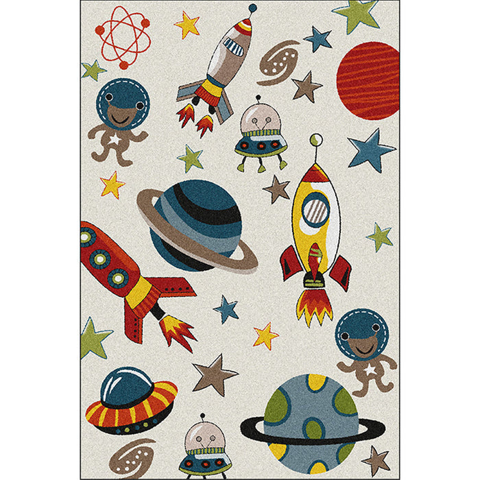 Ivory Child's Room Rug Kids Outer Space Planet Star Rocket Pattern Area Rug Polyester Pet Friendly Carpet