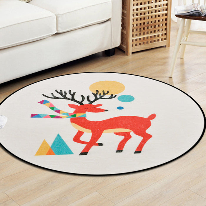 Brown and White Nursery Rug Kids Animal Fox Deer Geometry Pattern Area Rug Polyester Stain-Resistant Carpet