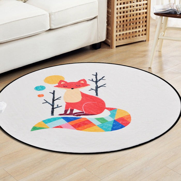 Brown and White Nursery Rug Kids Animal Fox Deer Geometry Pattern Area Rug Polyester Stain-Resistant Carpet