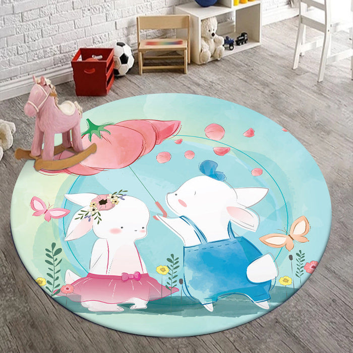 Kids Bedroom Rug in Blue Animal Elephant Rabbit Hedgehog Print Rug Polyester Pet Friendly Area Rug